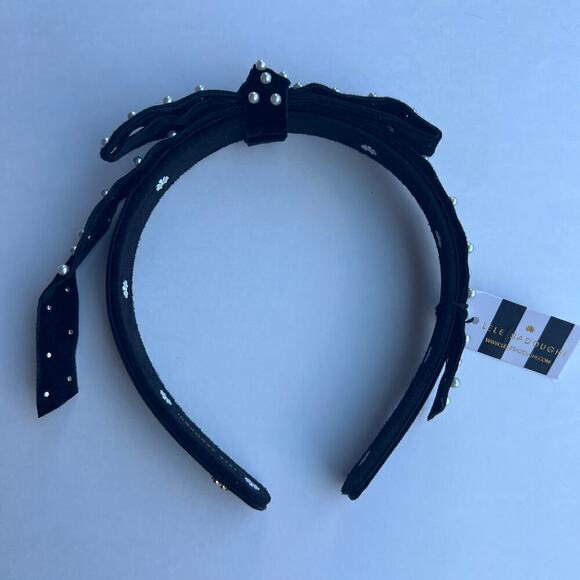 Lele Sadoughi Black Velvet Pearl Ribbon Gold Logo Headband NWT - Picture 6 of 11